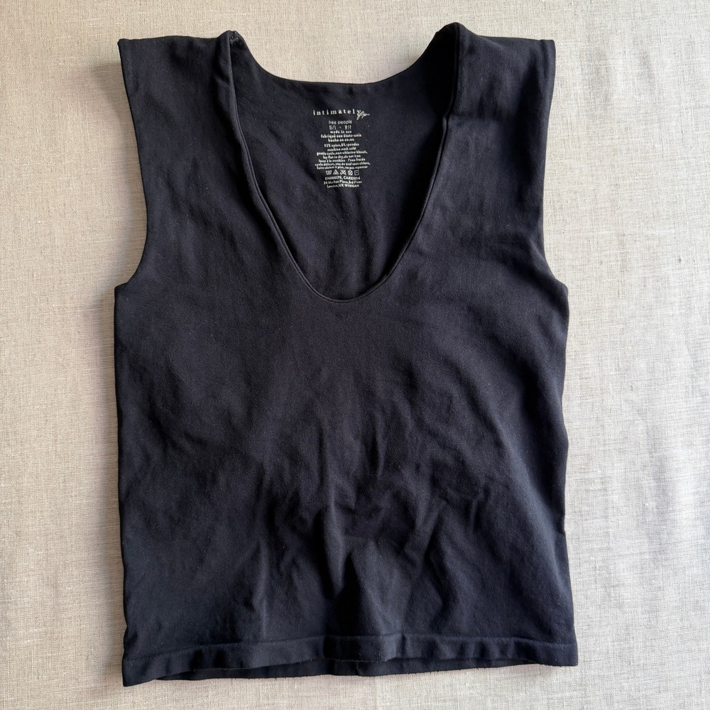 Free People Intimately Ali V-Neck Tank Top Black Nylon Seamless Minimalist USA